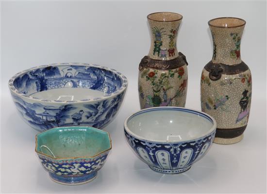 Chinese enamelled bowl with turquoise interior, on stand (a.f) and four other items